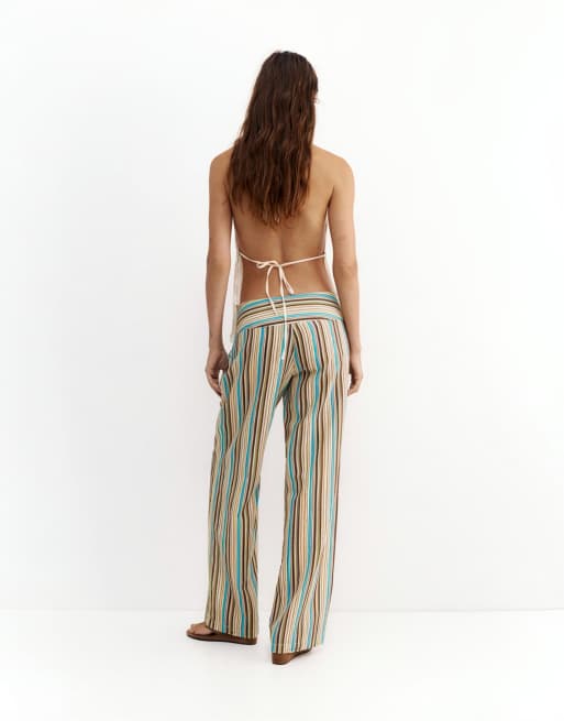 Pull&Bear Striped tie-waist trousers in green, 4 of 7