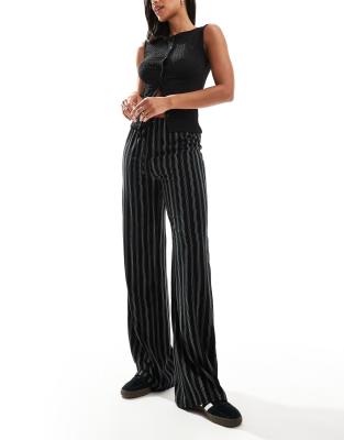 Pull & Bear Striped Wide Leg Pants In Ecru-white