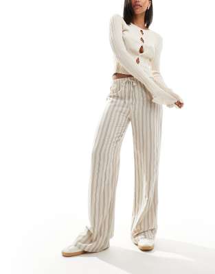 Pull & Bear Striped Wide Leg Pants In Ecru-white In Black