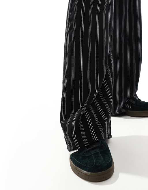 Pull Bear striped wide leg trousers in black