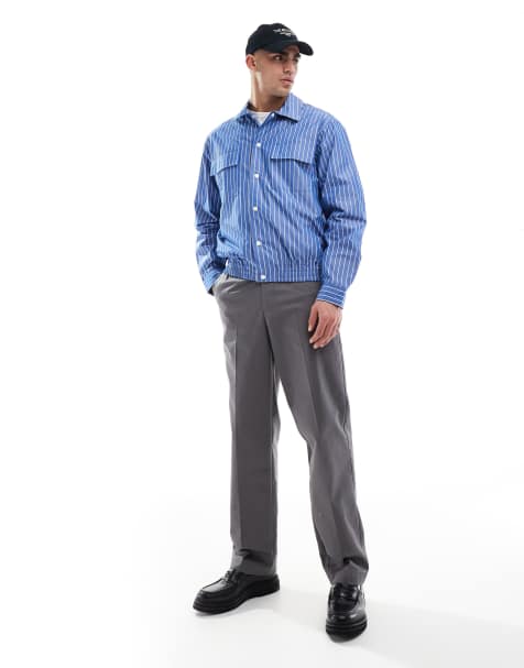 Pull&Bear striped worker shacket in blue - view 1