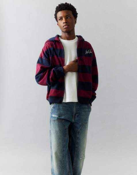 Pull&Bear Striped zip-up sweatshirt with hood in navy - view 1