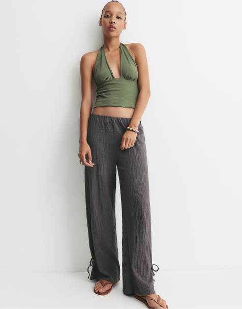 Pull&Bear – Strukturierte Hose in Grau mit Knotendetail - view 1