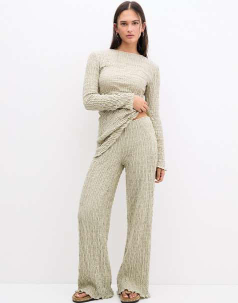 Pull&Bear – Strukturierte Hose in Grün mit weitem Bein, Kombiteil - view 1