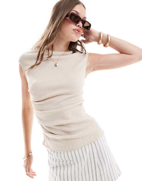 Pull&Bear – Strukturiertes, gerafftes Oberteil in Beige - view 1