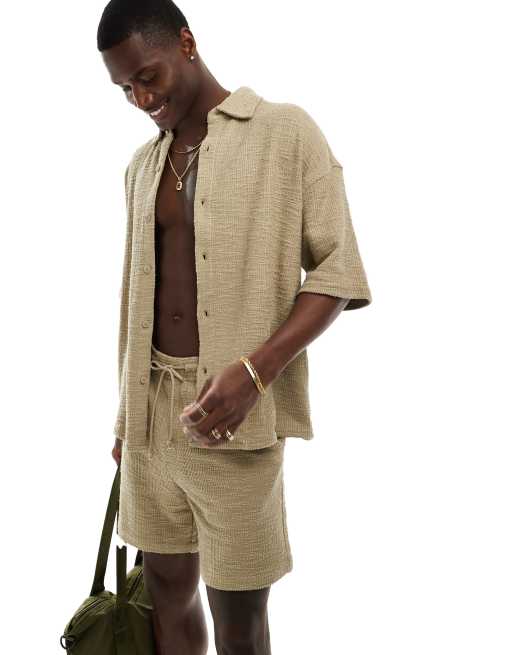 Pull&Bear – Strukturiertes Hemd in Khaki, Kombiteil