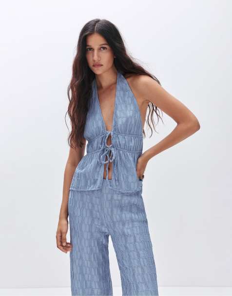 Pull&Bear – Strukturiertes Neckholder-Top in Blau - view 1