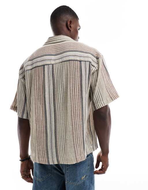 Pull&Bear – Strukturiertes Retro-Hemd in Braun gestreift, 4 von 4