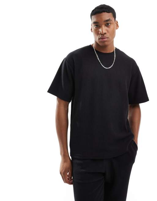 Pull&Bear – Strukturiertes T-Shirt in Schwarz, Kombiteil