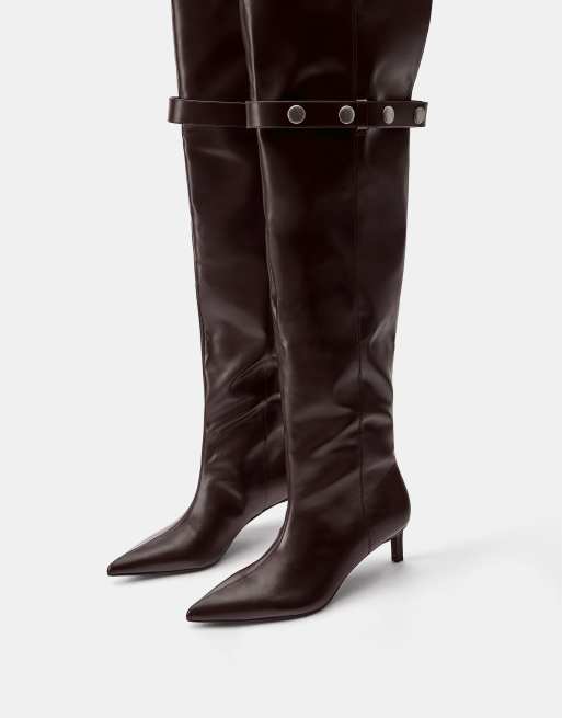 Pull&Bear Stud detail over the knee boots in brown, 2 of 4