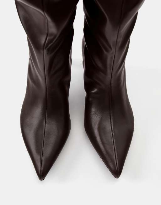 Pull&Bear Stud detail over the knee boots in brown, 4 of 4