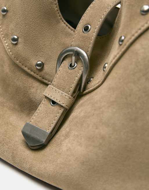 Pull&Bear Studded buckle tote bag in sand, 3 of 4