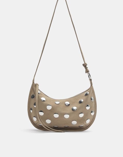 Pull&Bear Studded crossbody bag in grey/camel - view 1