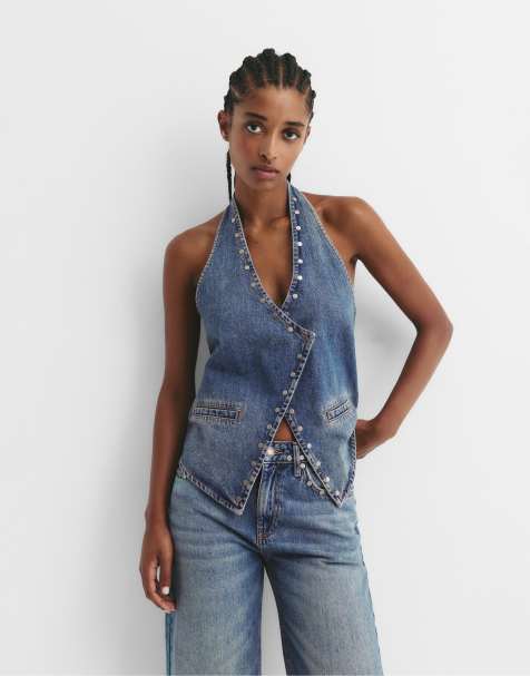 Pull&Bear Studded halter top in dark blue - view 1
