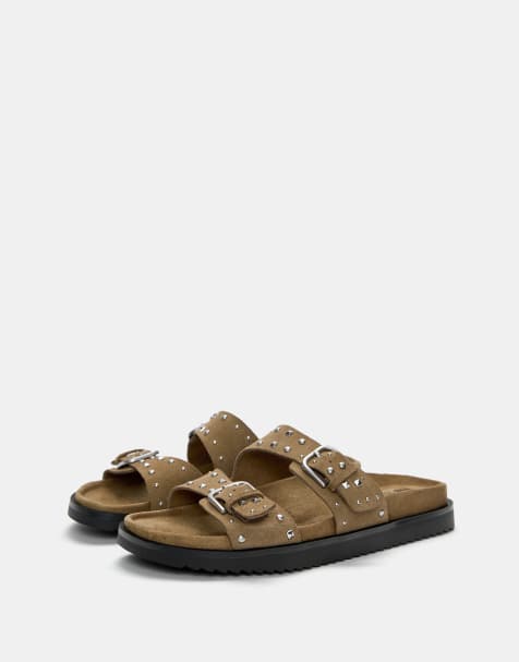 Pull&Bear studded leather sandals with buckles in brown - view 1