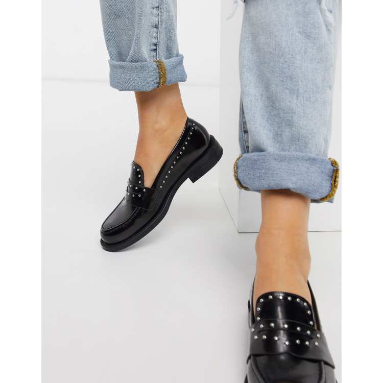 Womens black hot sale studded loafers