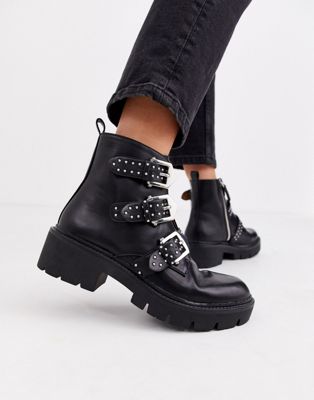 Pull&Bear studded multi buckle chunky soled boots in black | ASOS