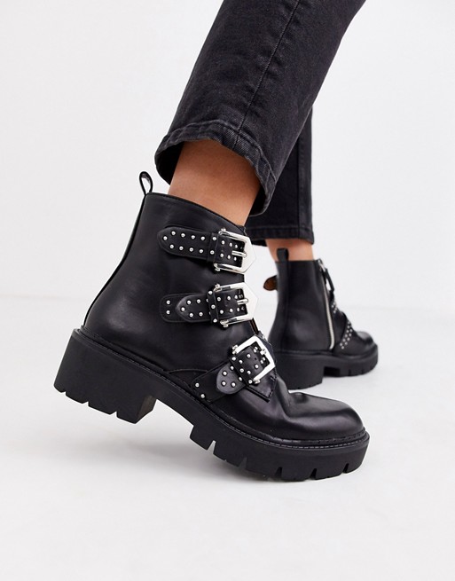Pull&Bear studded multi buckle chunky soled boots in black