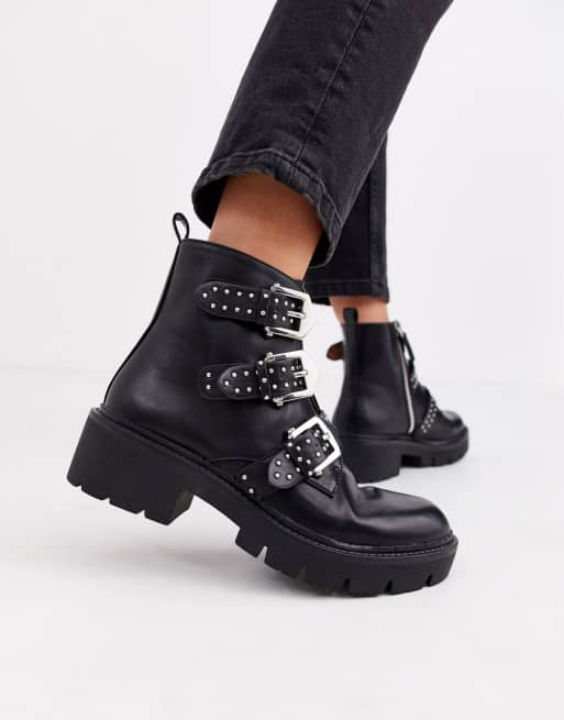 Pull Bear studded multi buckle chunky soled boots in black