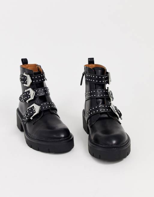 Pull Bear studded multi buckle chunky soled boots in black