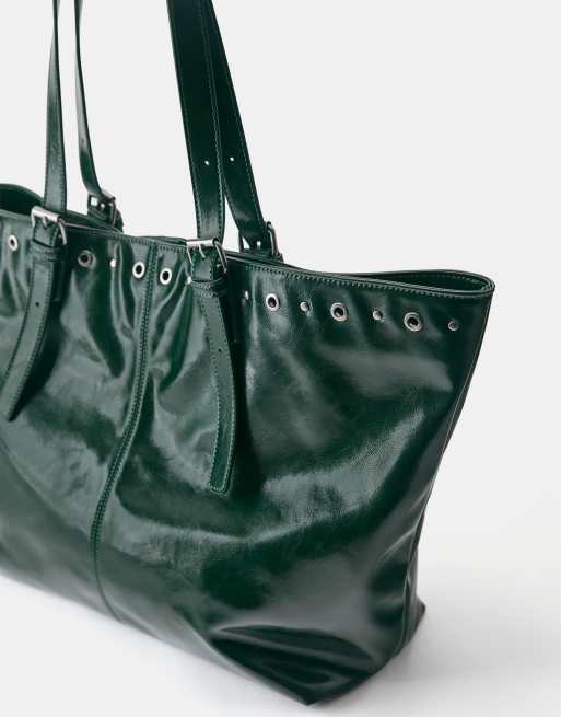 Pull&Bear Studded shopper bag in green, 3 of 4