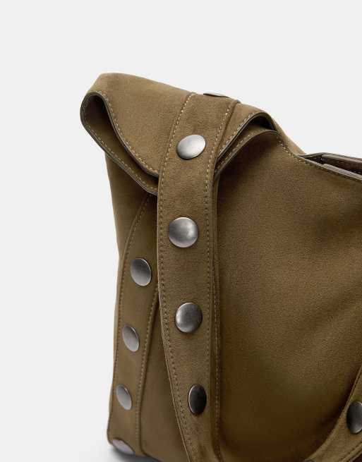 Pull&Bear studded shopper bag in khaki