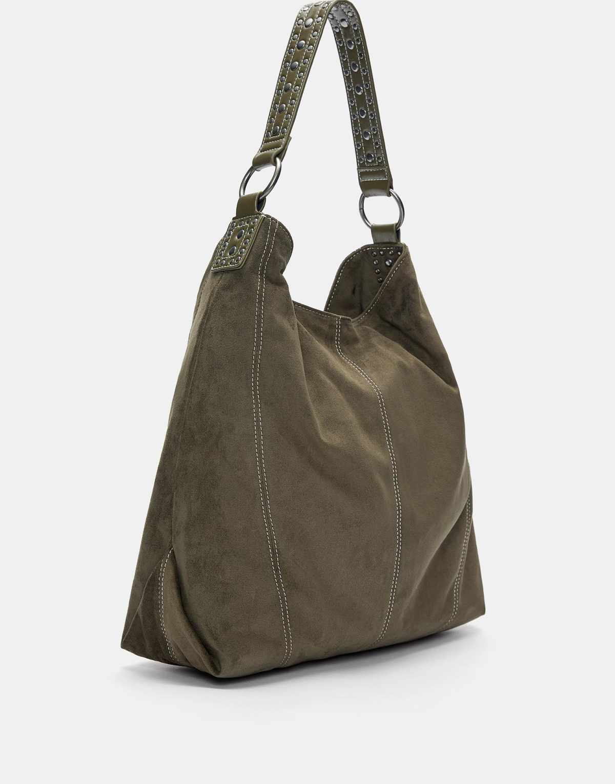 Pull&Bear Studded shopper bag in khaki