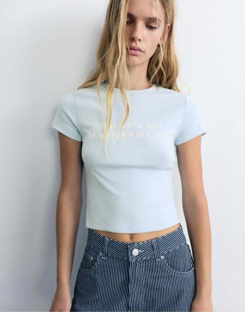 Pull&Bear Studded slogan t-shirt in pale blue - view 1