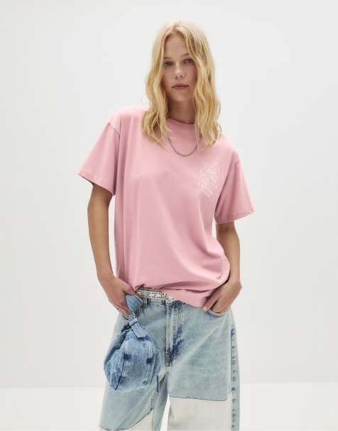Pull&Bear - Støvet lyserød T-shirt med korte ærmer og grafisk print - view 1