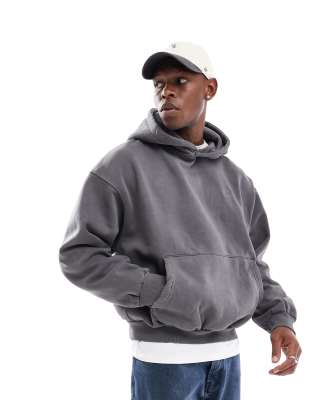 stwd back embroidered hoodie in washed gray-Black