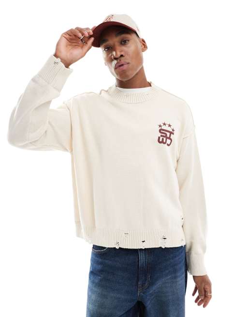 Pull&Bear stwd back printed knitted sweater in white | ASOS