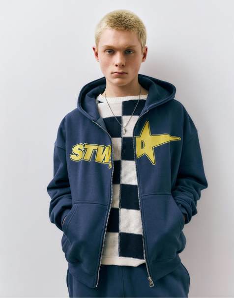 Pull&Bear - STWD - Blå hættetrøje med lynlås - view 1