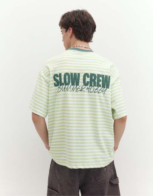 Pull&Bear Stwd boxy gestreiftes T-Shirt in Grün, 2 von 7
