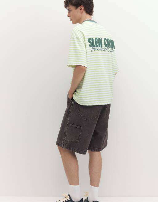 Pull&Bear Stwd boxy striped t-shirt in green, 5 of 7