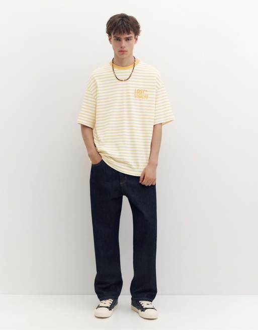 Pull&Bear Stwd boxy striped t-shirt in yellow, 4 of 7