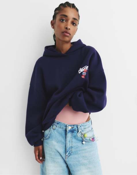 Pull&Bear Stwd caramel hoodie in navy - view 1