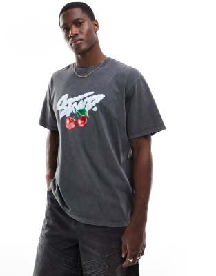 stwd cherry printed t-shirt in charcoal-Black