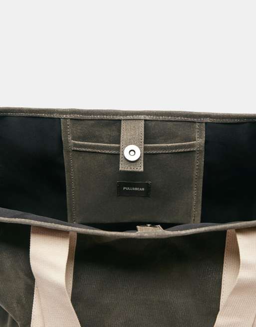 Pull&Bear Stwd distressed shopper bag in khaki, 4 of 4