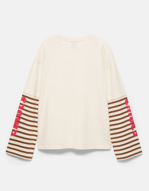 Pull&Bear Stwd double-sleeve t-shirt in off white, 6 of 6
