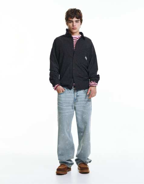 Pull&Bear Stwd embroidered baggy jeans in pale indigo