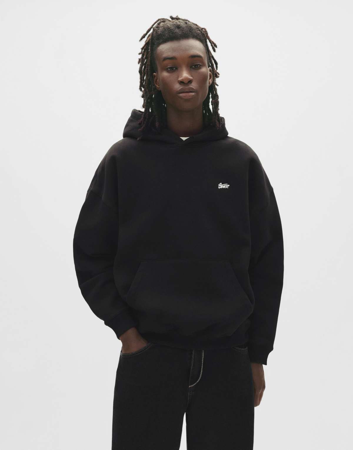 Pull&Bear Stwd embroidered logo hoodie in black
