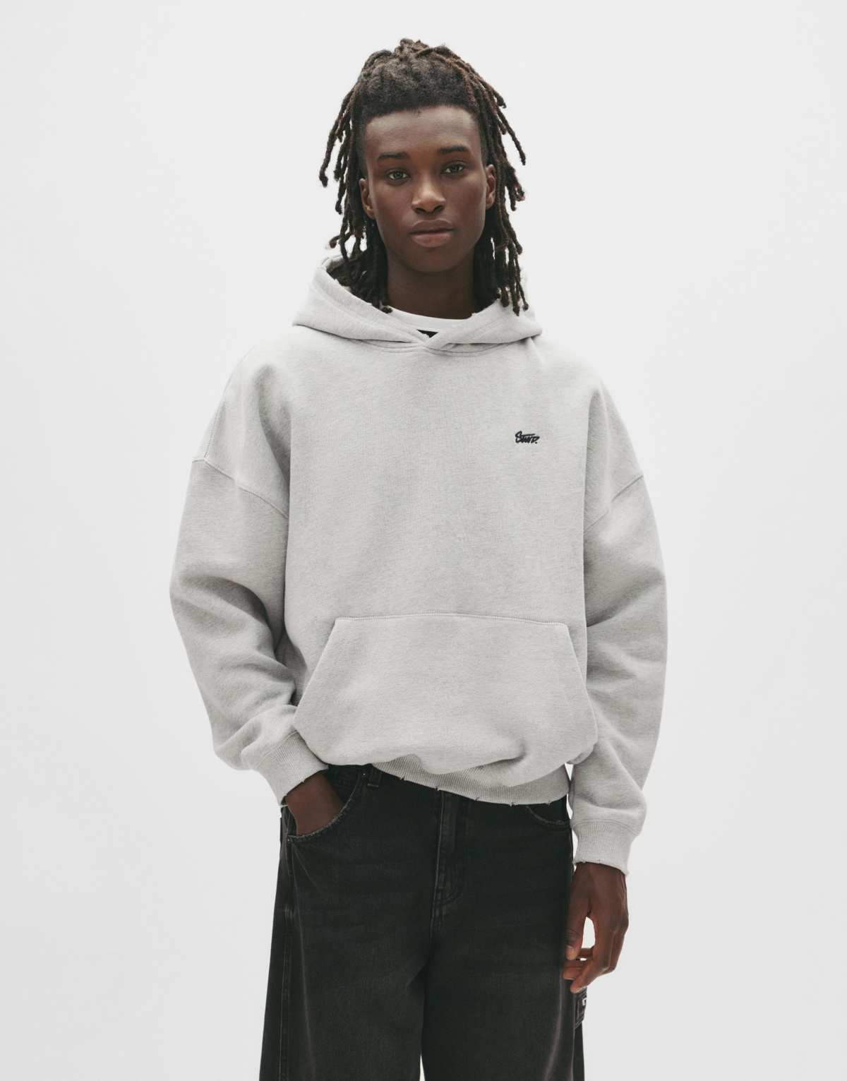 Pull&Bear Stwd embroidered logo hoodie in grey marl
