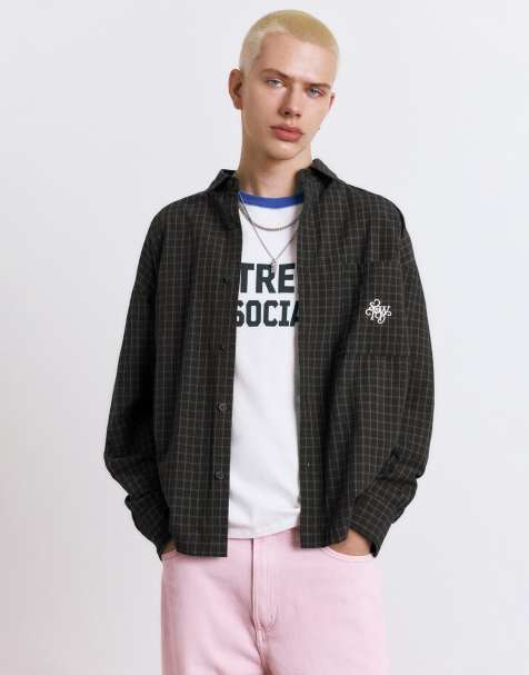 Pull&Bear Stwd embroidered plaid shirt in black
