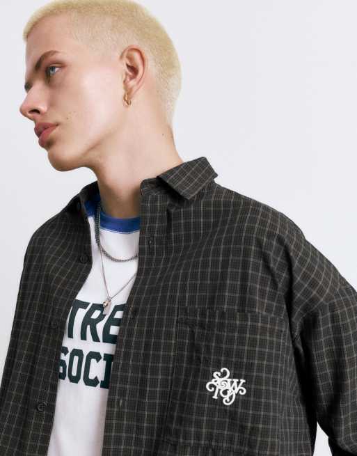 Pull&Bear Stwd embroidered plaid shirt in black, 2 of 4