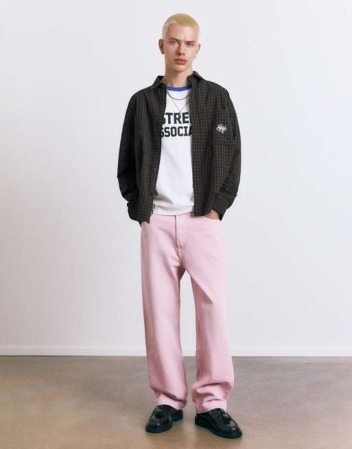 Pull&Bear Stwd embroidered plaid shirt in black, 4 of 4