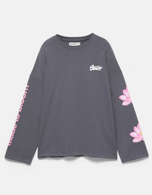Pull&Bear Stwd flower graphic t-shirt in grey, 6 of 7