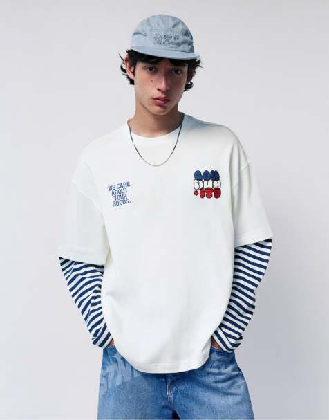Pull&Bear - STWD - Gestreept T-shirt met dubbele mouwen in wit - view 1