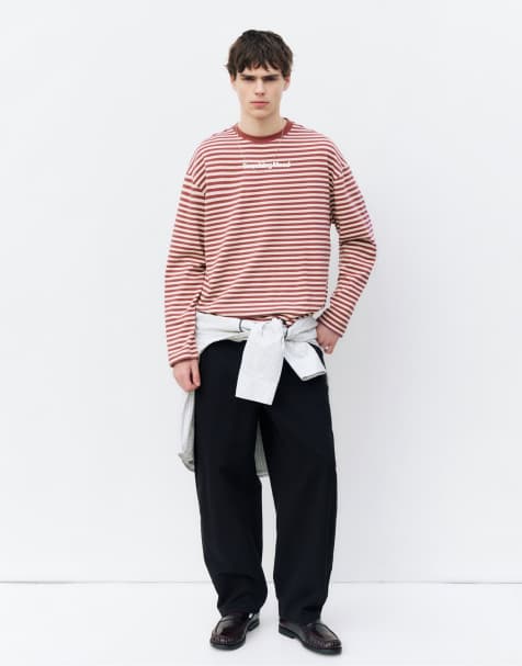 Pull&Bear Stwd gestreept T-shirt met tekst in bordeauxrood - view 1