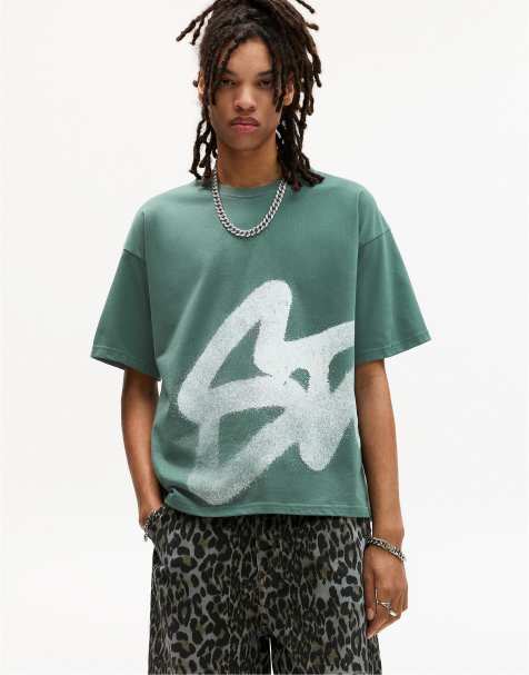Pull&Bear - STWD - Grøn og falmet T-shirt med korte ærmer og grafik - view 1
