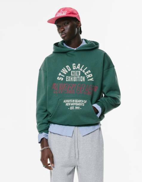 Pull&Bear – STWD – Grön huvtröja med Gallery-text - view 1